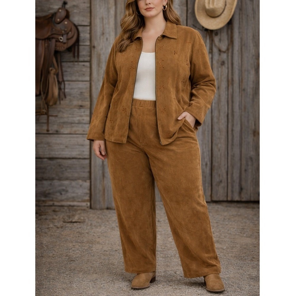 Vintage Faux Suede Jacket Pant Set 16W Brown Embroidered 90s Boho Indie Western